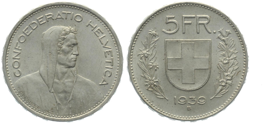 5 Franken 1939 B - vorzüglich